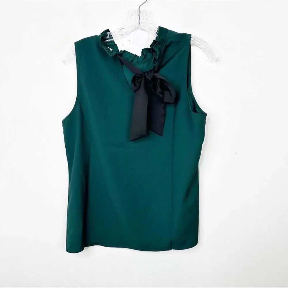 J. CREW | Emerald Green Ruffle Neck Black‎ Bow Back Top Blouse Sz. Small